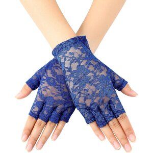 Women's Blue Floral Short Lace Gloves Sunblock Fingerless Bridal Opera Party